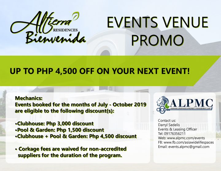 Altierra Residences – Bienvenida Events Venue Discount for 2019